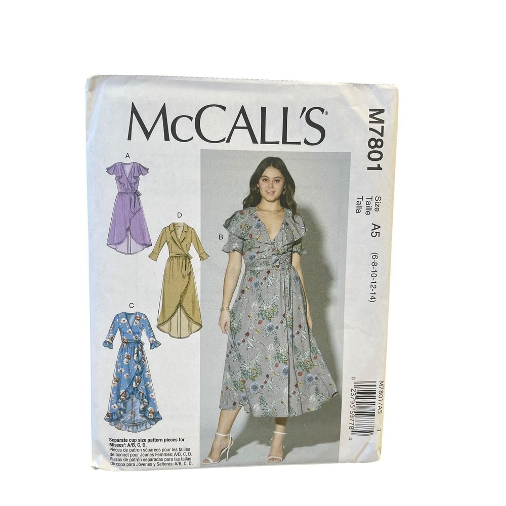 McCall's M7801 Wrap Dress A5 (6-14)‎ V-Neck Ruffle Flutter Sleeve Sewing Pattern